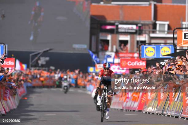 Arrival / Bob Jungels of Luxembourg and Team Quick-Step Floors / Celebration / during the104th Liege-Bastogne-Liege 2018 a 258,5km race from Liege to...