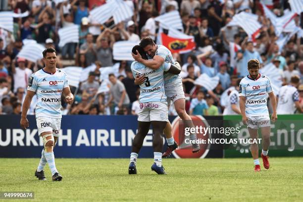 Racing 92's players celebrate after winning the European Champions Cup semi-final rugby union match between Racing 92 and Munster on April 22 at the...