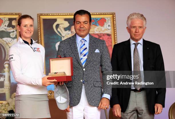 Jenny Haglund of Sweden is presented the the winners prize after her victory in the LET event by HRH Prince Moulay Rachid of Morocco after the final...