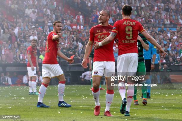 Teun Koopmeiners of AZ Alkmaar, Ron Vlaar of AZ Alkmaar, Wout Weghorst of AZ Alkmaar during the Dutch KNVB Beker match between AZ Alkmaar v Feyenoord...