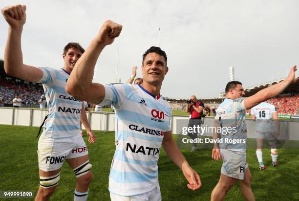 Dan Carter of Racing 92 celebrates their victory during the European Rugby Champions Cup Semi-Final match between Racing 92 and Munster Rugby at...