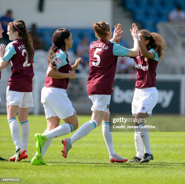 Hannah Wheeler of West Ham United Ladies celebrates scoring with Chenise Austin during The FA Women's Premier League match between West Ham United...