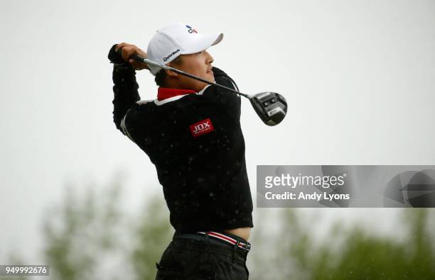 Kyoung-Hoon Lee of South Korea hits his tee shot on the fourth hole during the final round of the North Mississippi Classic at the Country Club of...
