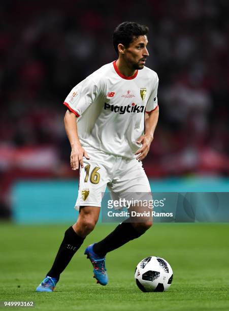 Jesus Navas of Sevilla FC runs with the ball during the Spanish Copa del Rey Final match between Barcelona and Sevilla at Wanda Metropolitano stadium...