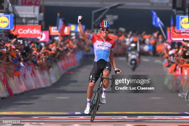 Arrival / Bob Jungels of Luxembourg and Team Quick-Step Floors / Celebration / during the104th Liege-Bastogne-Liege 2018 a 258,5km race from Liege to...