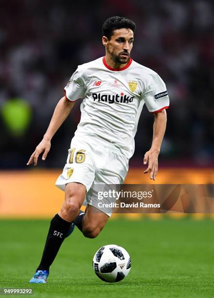 Jesus Navas of Sevilla FC runs with the ball during the Spanish Copa del Rey Final match between Barcelona and Sevilla at Wanda Metropolitano stadium...