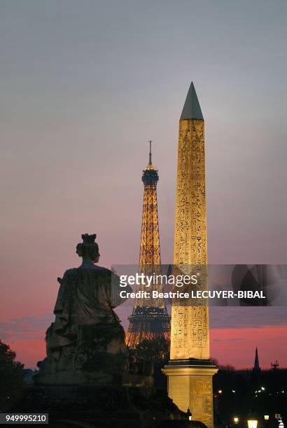 Parisan monuments, The statue of Strasbourg, the Luxor Obelisk, the Eiffel tower on November 05, 2007 in Paris,France.