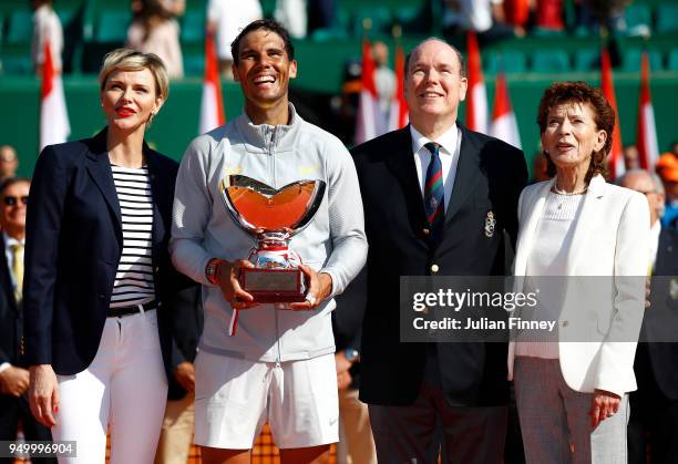 Baronne Elizabeth-Ann de Massy, Presidente Charlene, Princess of Monaco, Albert II, Prince of Monaco with winner Rafael Nadal of Spain after his win...