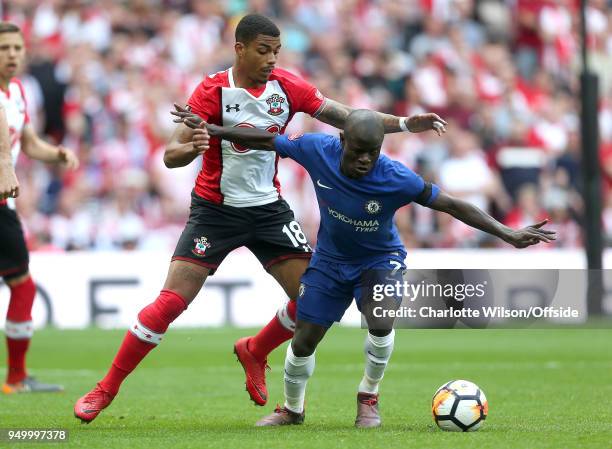 Mario Lemina of Southampton and NGolo Kante of Chelsea battle for the ball during the Emirates FA Cup Semi-Final between Chelsea and Southampton at...