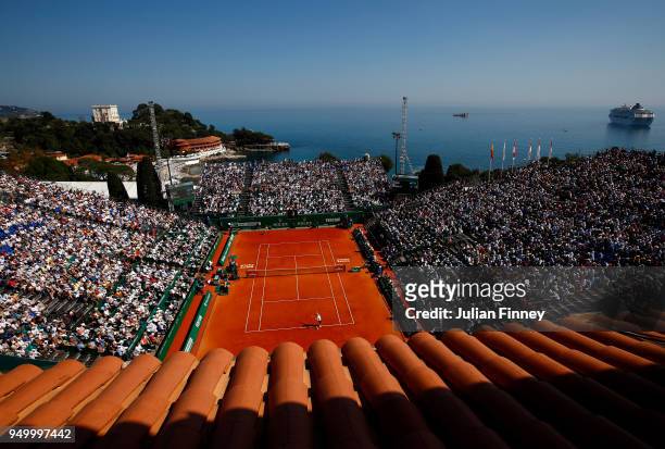 General view as Rafael Nadal of Spain plays Kei Nishikori of Japan during day eight of the ATP Masters Series Monte Carlo Rolex Masters at...