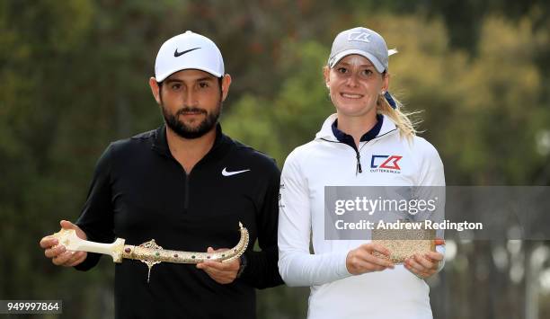 Alexander Levy of France and Jenny Haglund of Sweden with the winners prizes after the final round of the Trophee Hassan II at Royal Golf Dar Es...