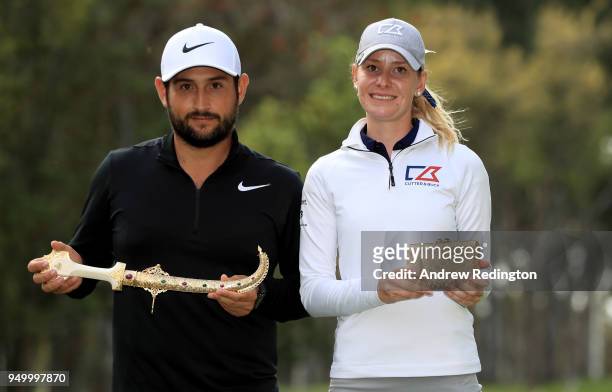 Alexander Levy of France and Jenny Haglund of Sweden with the winners prizes after the final round of the Trophee Hassan II at Royal Golf Dar Es...