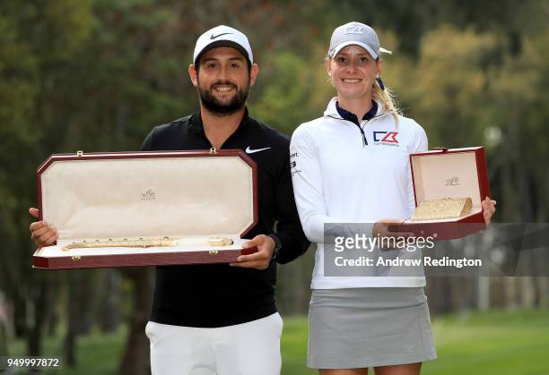 Alexander Levy of France and Jenny Haglund of Sweden with the winners prizes after the final round of the Trophee Hassan II at Royal Golf Dar Es...