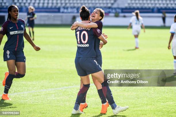 Laure Boulleau and Jennifer Hermoso of PSG celebrate a goal during the French Women's Division 1 match between Paris Saint Germain and Marseille at...