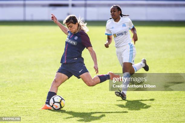 Laure Boulleau of PSG during the French Women's Division 1 match between Paris Saint Germain and Marseille at Stade Jean Bouin on April 21, 2018 in...