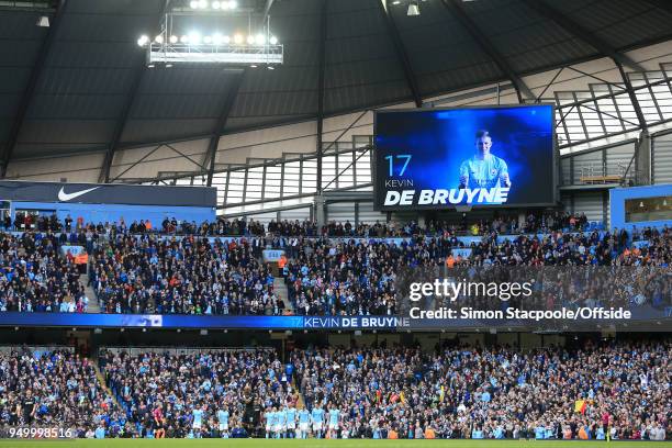 An image of Kevin De Bruyne of Man City appears on the big screen after he scored their 3rd goal during the Premier League match between Manchester...