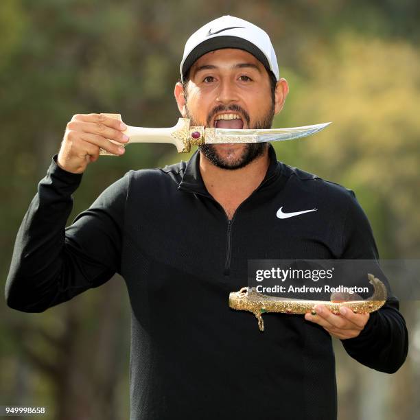 Alexander Levy of France celebrates with the winners trophy after the final round of the Trophee Hassan II at Royal Golf Dar Es Salam on April 22,...