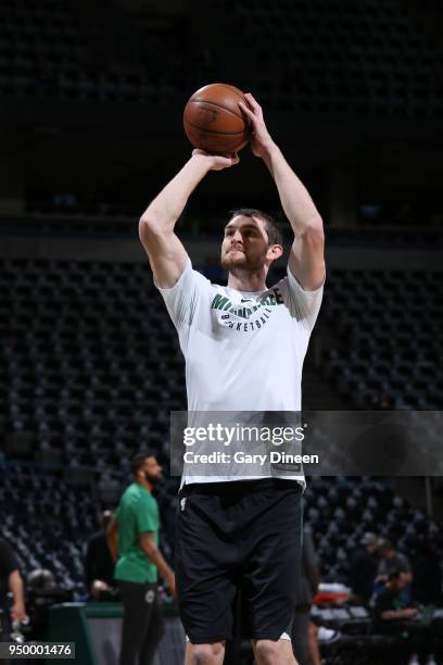 Tyler Zeller of the Milwaukee Bucks shoots the ball before the game against the Boston Celtics in Game Four of Round One of the 2018 NBA Playoffs on...