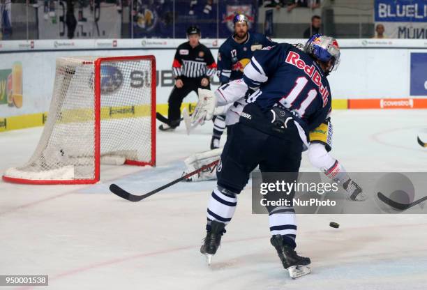 Keith Aucoin of Red Bull Munich during the DEL Playoff final match five between EHC Red Bull Munich and Eisbaeren Berlin on April 22, 2018 in Munich,...