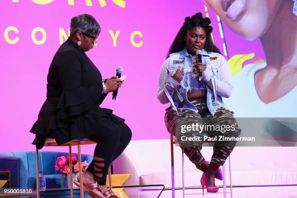 Moderator Ty Alexander and actor Danielle Brooks speak on a panel during Beautycon Festival NYC 2018 - Day 2 at Jacob Javits Center on April 22, 2018...