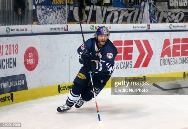 Rejoicing of Keith Aucoin of Red Bull Munich during the DEL Playoff final match five between EHC Red Bull Munich and Eisbaeren Berlin on April 22,...