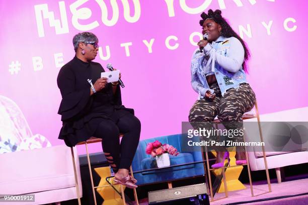 Moderator Ty Alexander and actor Danielle Brooks speak on a panel during Beautycon Festival NYC 2018 - Day 2 at Jacob Javits Center on April 22, 2018...