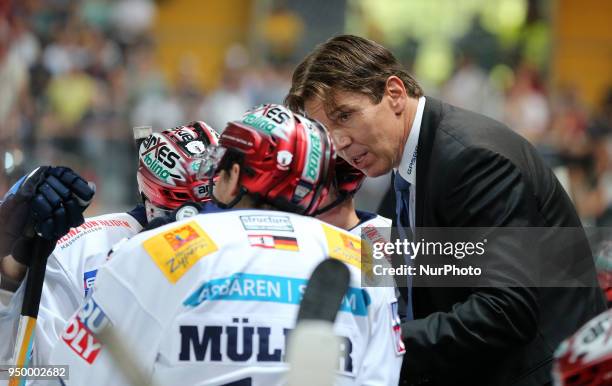 Head Coach Uwe Krupp of Eisbaeren Berlin during the DEL Playoff final match five between EHC Red Bull Munich and Eisbaeren Berlin on April 22, 2018...