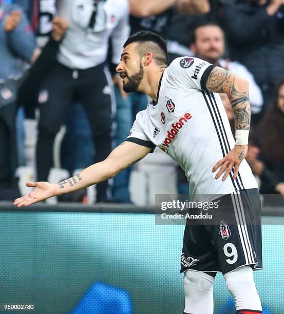 Alvaro Negredo of Besiktas celebrates after scoring a goal during the Turkish Super Lig soccer match between Besiktas and Evkur Yeni Malatyaspor at...