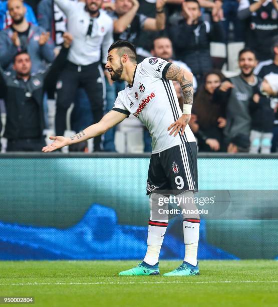 Alvaro Negredo of Besiktas celebrates after scoring a goal during the Turkish Super Lig soccer match between Besiktas and Evkur Yeni Malatyaspor at...