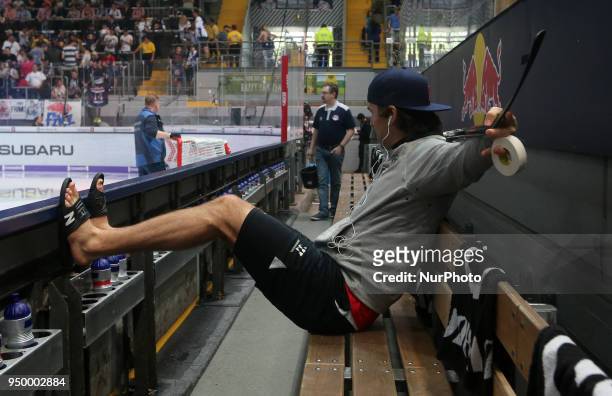 Jon Matsumoto of Red Bull Munich before the DEL Playoff final match five between EHC Red Bull Munich and Eisbaeren Berlin on April 22, 2018 in...