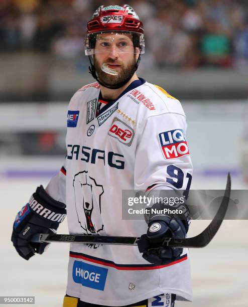 Mark Olver of Eisbaeren Berlin during the DEL Playoff final match five between EHC Red Bull Munich and Eisbaeren Berlin on April 22, 2018 in Munich,...