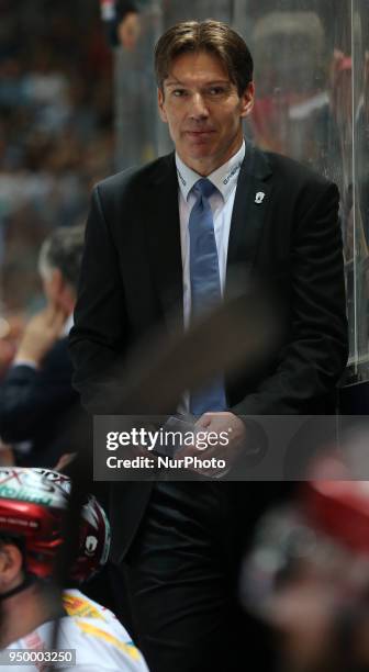 Head Coach Uwe Krupp of Eisbaeren Berlin during the DEL Playoff final match five between EHC Red Bull Munich and Eisbaeren Berlin on April 22, 2018...