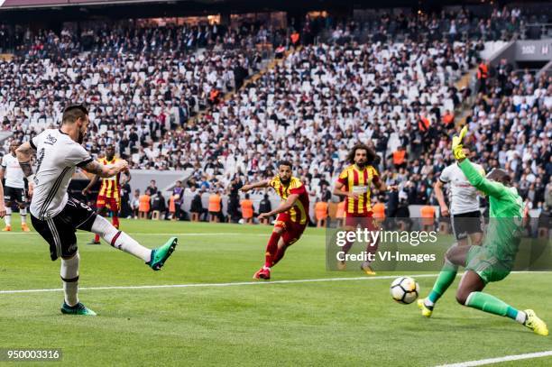 Alvaro Negredo Sanchez of Besiktas JK scores during the Turkish Spor Toto Super Lig football match between Besiktas JK and Evkur Yeni Malatyaspor on...