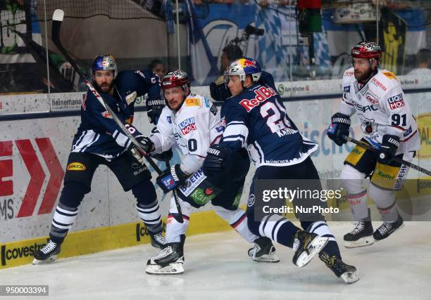Dominik Kahun of Red Bull Munich vies #b10# during the DEL Playoff final match five between EHC Red Bull Munich and Eisbaeren Berlin on April 22,...