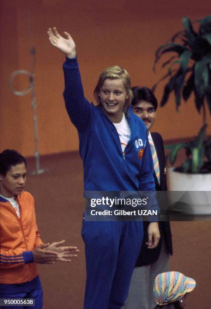 La nageuse Kornelia Ender victorieuse de la finale du 200 mètres nage libre aux Jeux Olympiques de Montréal en juillet 1976, Canada.