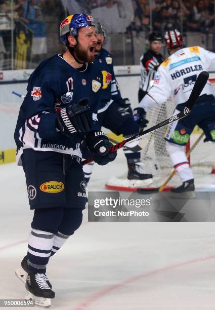 Rejoicing of Brooks Macek of Red Bull Munich during the DEL Playoff final match five between EHC Red Bull Munich and Eisbaeren Berlin on April 22,...