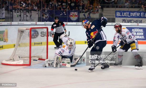 Steven Pinizzotto of Red Bull Munich during the DEL Playoff final match five between EHC Red Bull Munich and Eisbaeren Berlin on April 22, 2018 in...