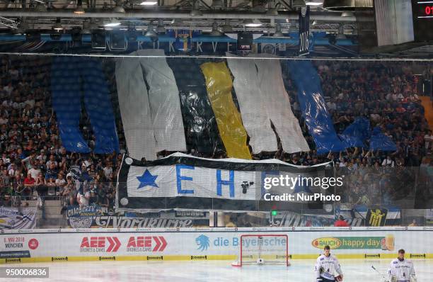 Fans of Munich shows a Chereo during the DEL Playoff final match five between EHC Red Bull Munich and Eisbaeren Berlin on April 22, 2018 in Munich,...