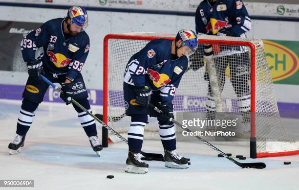 Maximilian Kastner of Red Bull Munich and Dominik Kahun of Red Bull Munich during the DEL Playoff final match five between EHC Red Bull Munich and...
