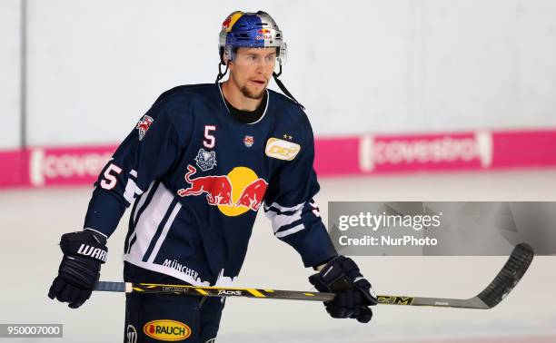 Keith Aulie of Red Bull Munich during the DEL Playoff final match five between EHC Red Bull Munich and Eisbaeren Berlin on April 22, 2018 in Munich,...