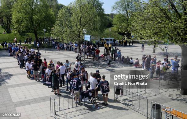 Fans of Munich before the DEL Playoff final match five between EHC Red Bull Munich and Eisbaeren Berlin on April 22, 2018 in Munich, Germany