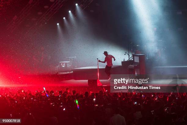 Lead vocalist of the American pop rock band OneRepublic, Ryan Tedder performs along with his band members at NSCI Dome, Worli on April 21, 2018 in...