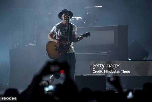 Lead vocalist of the American pop rock band OneRepublic, Ryan Tedder performs along with his band members at NSCI Dome, Worli on April 21, 2018 in...