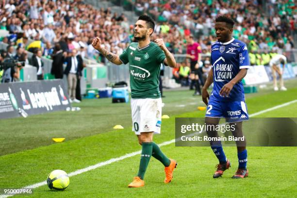 Remy Cabella of Saint Etienne celebrate during the Ligue 1 match between AS Saint Etienne and Troyes AC at Stade Geoffroy-Guichard on April 22, 2018...