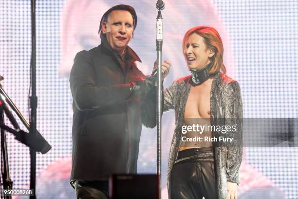 Marilyn Manson and Yoshiki of X Japan perform onstage during the 2018 Coachella Valley Music And Arts Festival at the Empire Polo Field on April 21,...