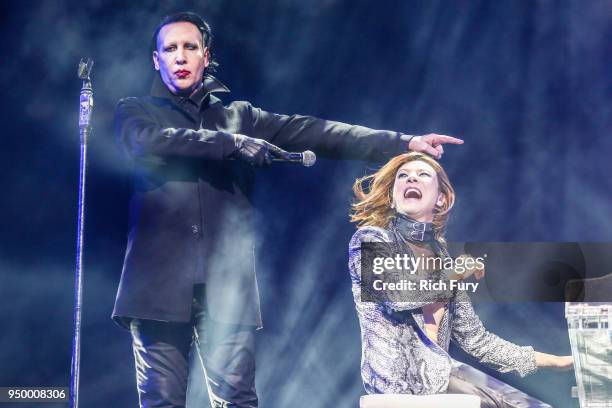 Marilyn Manson and Yoshiki of X Japan perform onstage during the 2018 Coachella Valley Music And Arts Festival at the Empire Polo Field on April 21,...