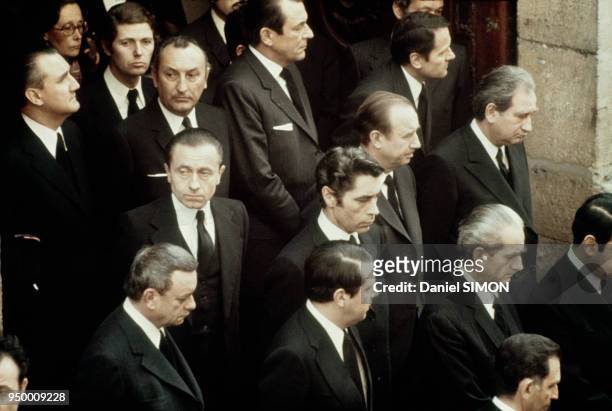 Alain Peyrefitte parmi les personnalités présentes aux obsèques du Président Georges Pompidou le 6 avril 1974 à la cathédrale Notre-Dame de Paris,...