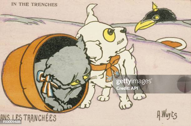 Dessin satirique 'Dans les Tranchées', évocation des évènements de la Première Guerre Mondiale et le conflit armé entre la France et l'Allemagne,...