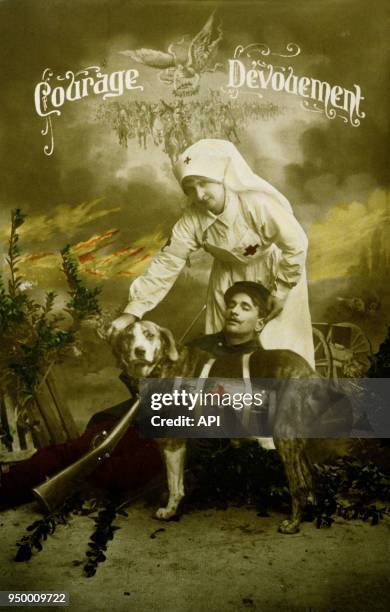 Affiche de propagande 'Courage et dévouement' en faveur de la Croix Rouge, lors de la Première Guerre Mondiale, France.