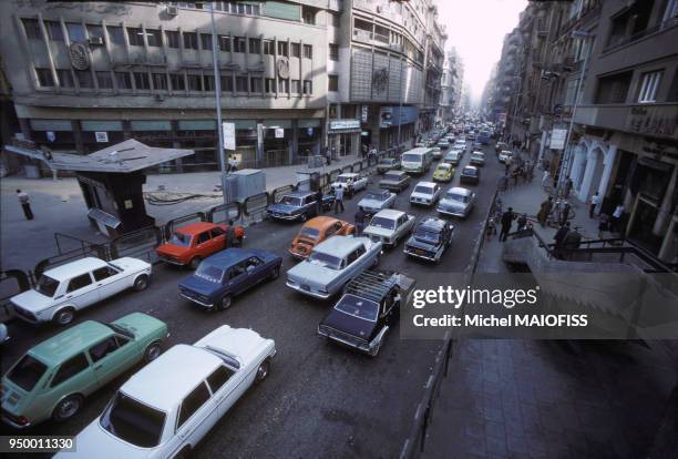 Embouteillage en avril 1980 au Caire en Egypte.